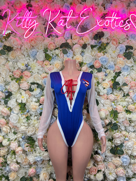 Blue bodysuit costume with white sheer sleeves, red lace-up chest, deep plunge front