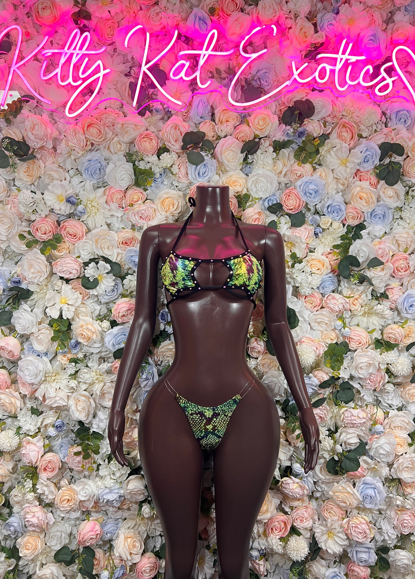 Green snake print micro bikini set with clear straps, triangle top and thong