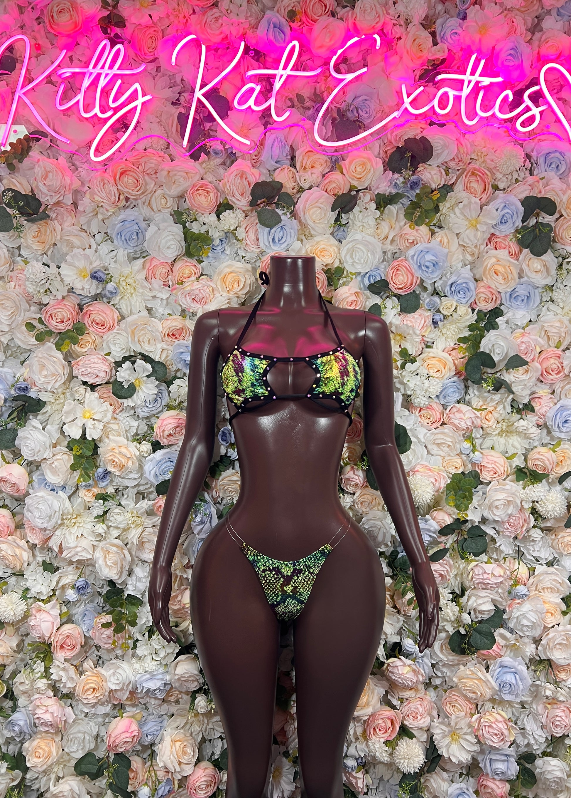 Green snake print micro bikini set with clear straps, triangle top and thong