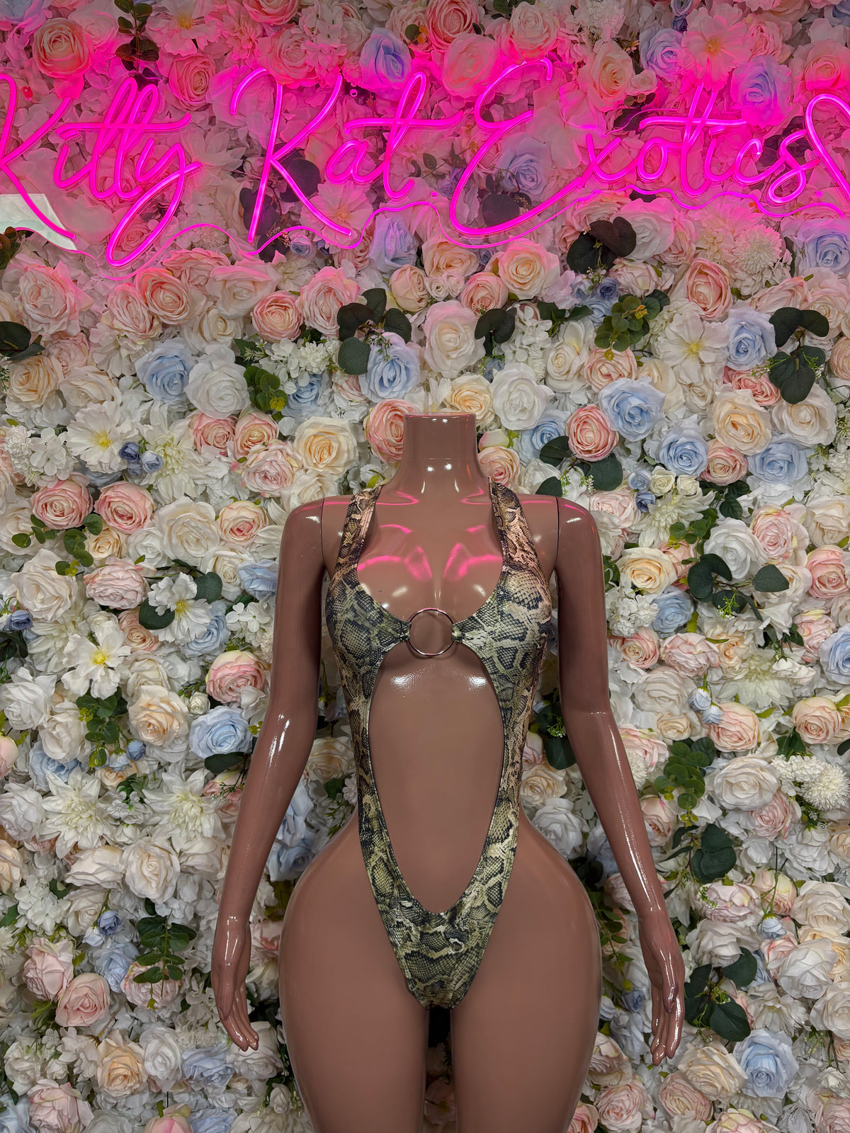 Snake-print bodysuit with plunging front, high-cut legs and open back