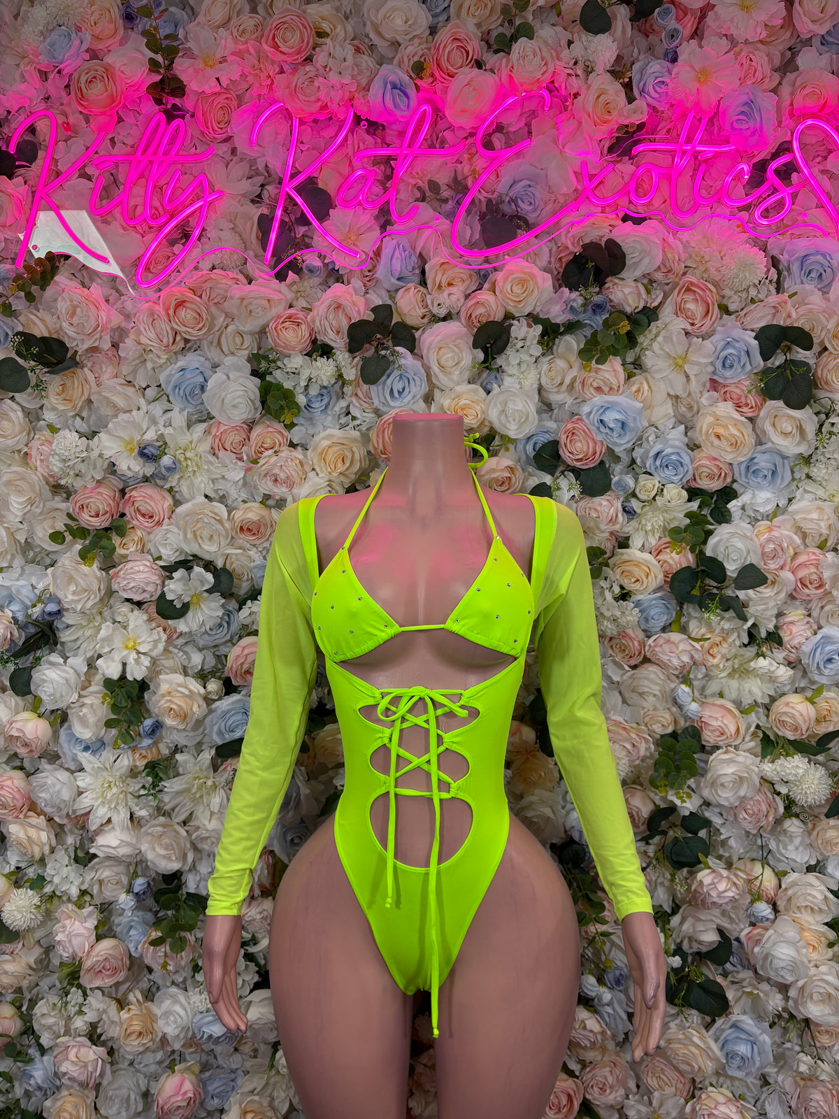 Neon Green Bottlegirl Bodysuit, Long Sleeve Rave Outfit, Festival Clubwear