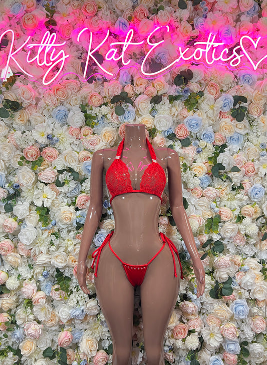 Red two-piece bikini with embellished triangle bra and string tie bikini bottoms