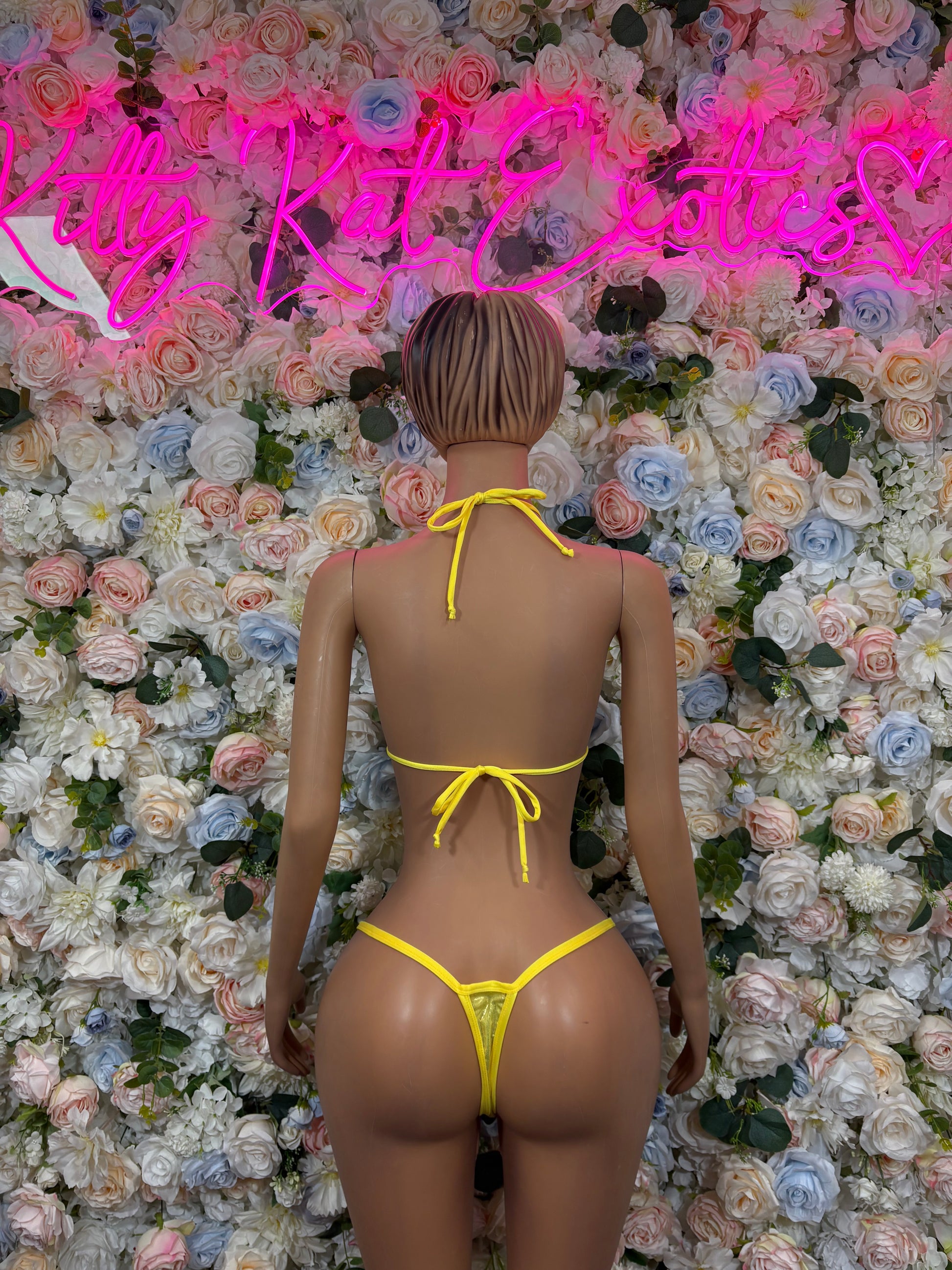 Yellow triangle bikini two piece set with tie-back straps and tie-side bottoms
