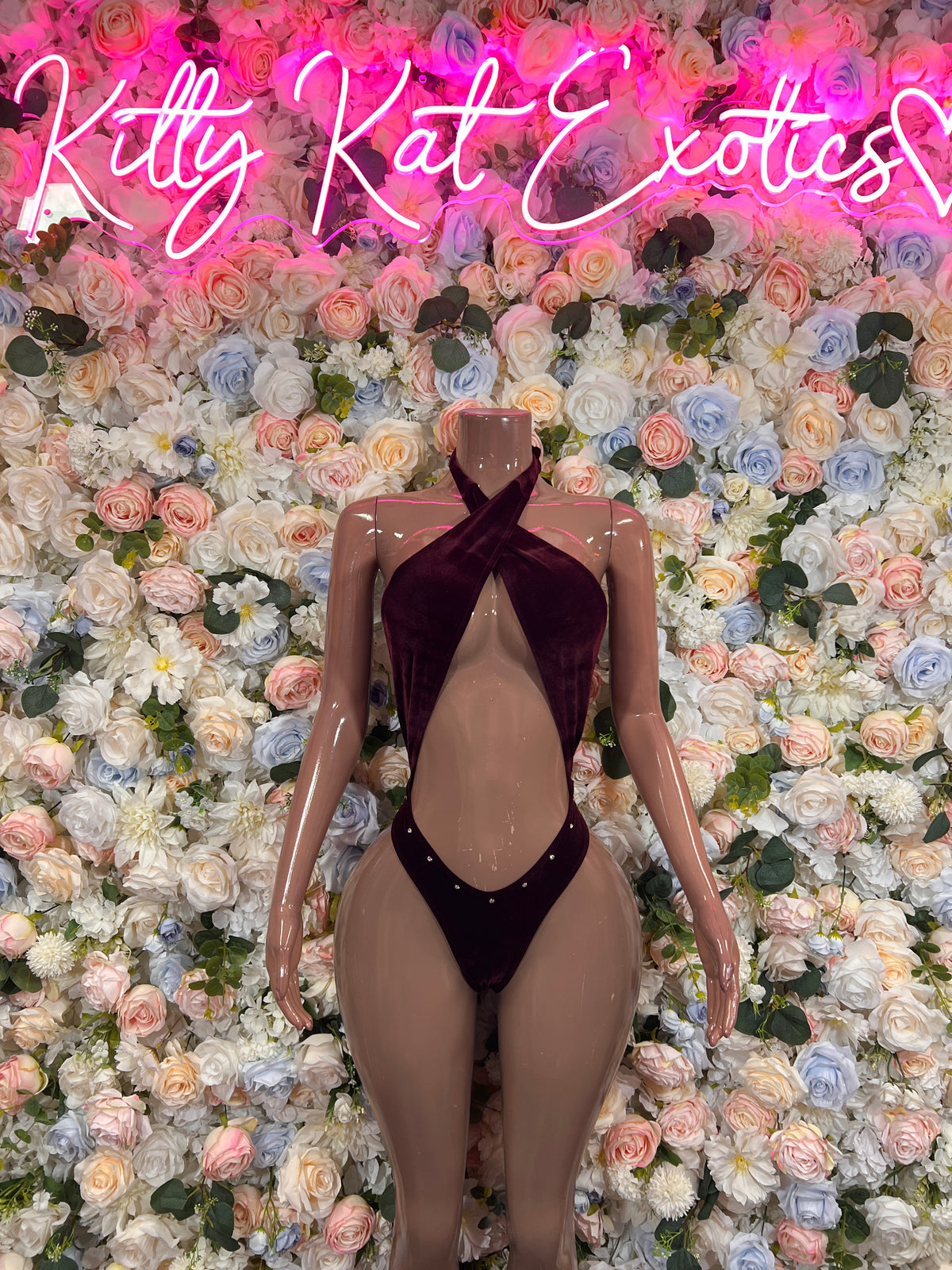 Velvet Burgundy Bartender Outfit: One-Piece Bottlegirl Set