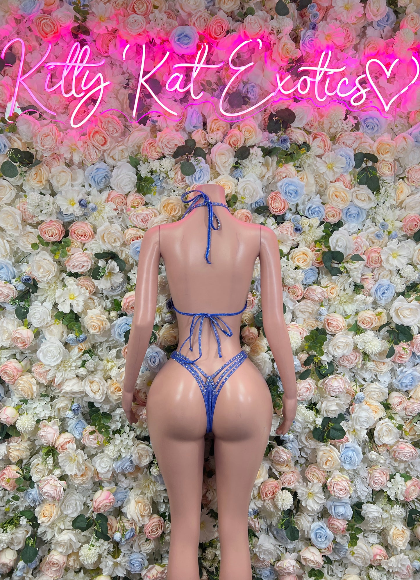 Blue rhinestone bikini set back view, triangle bra with crisscross ties and thong bottoms