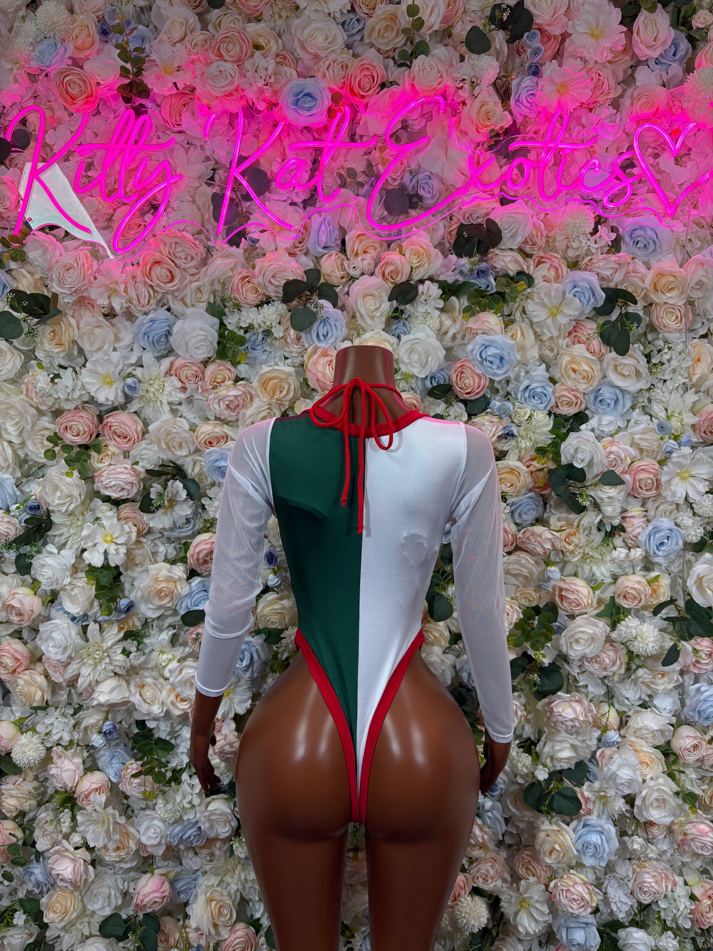 Women’s bikini bodysuit with long sheer sleeves, red back tie, green and white panels
