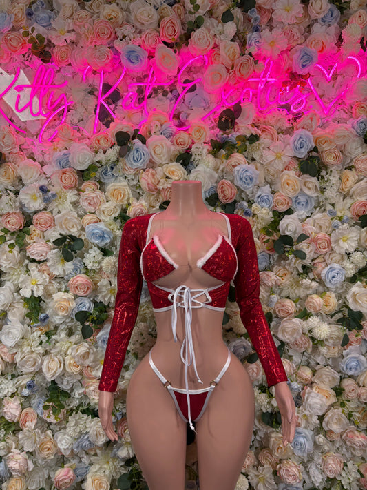 Christmas Bartender Outfit Sexy Two Piece Bikini Red Santa Exotic Dancewear Costume Holiday