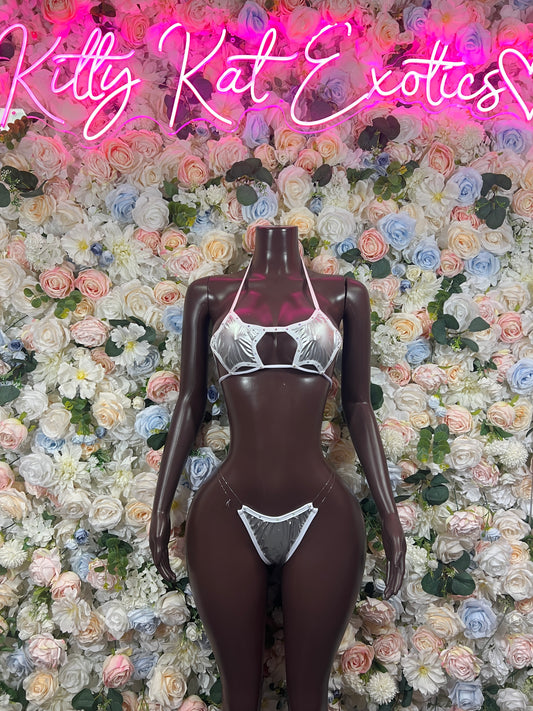 Shiny silver metallic latex bikini set with triangle bra and low-rise matching bottoms