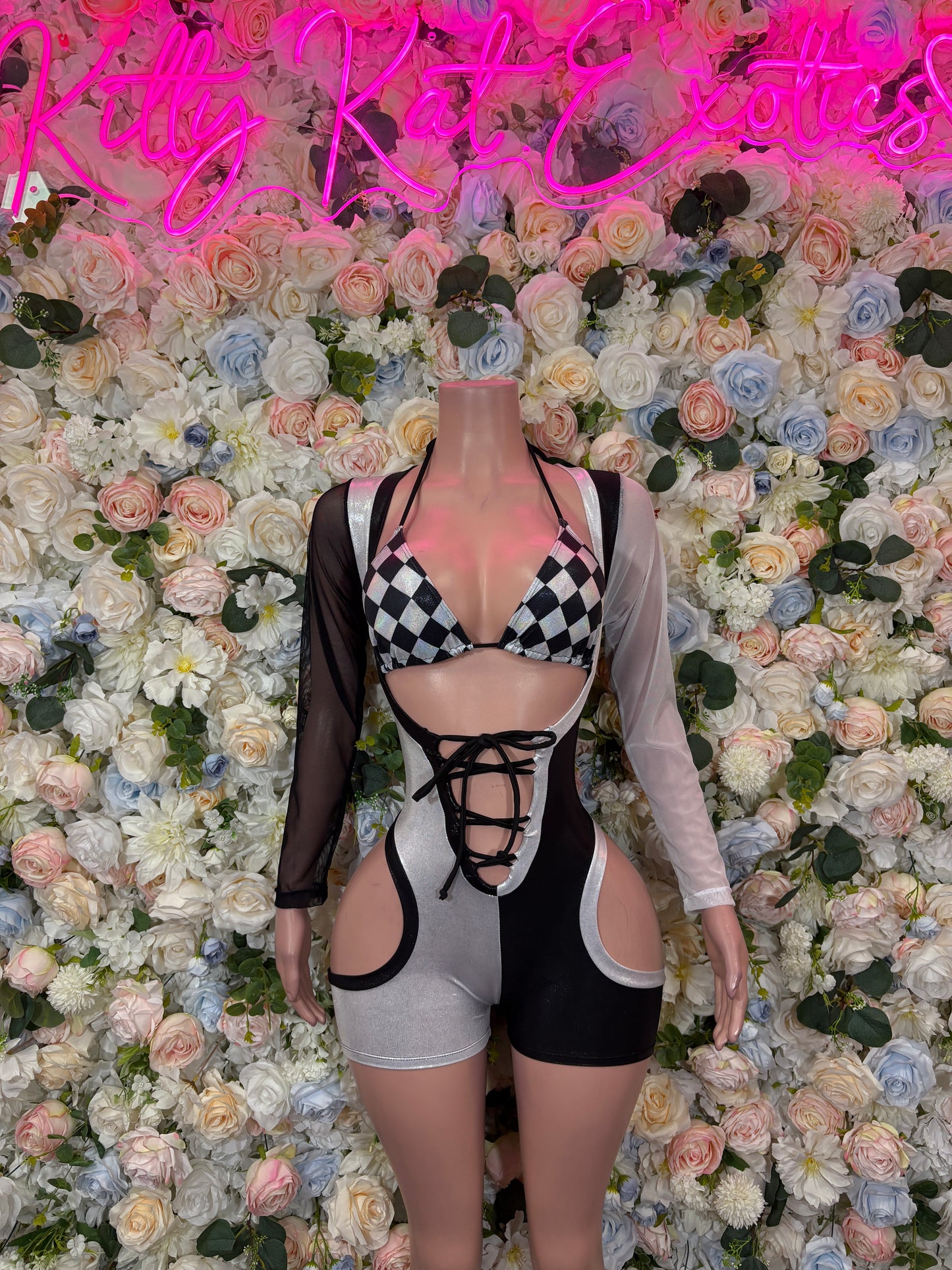Black Silver Checkered Bodysuit, Goth Rave Romper, Lace-Up Cutout Clubwear