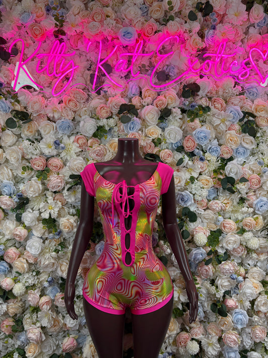 Bottlegirl Outfit One-Piece Pink Metallic Print Bodysuit - Hologram Design | Exotic Dancewear for Performers, Raves