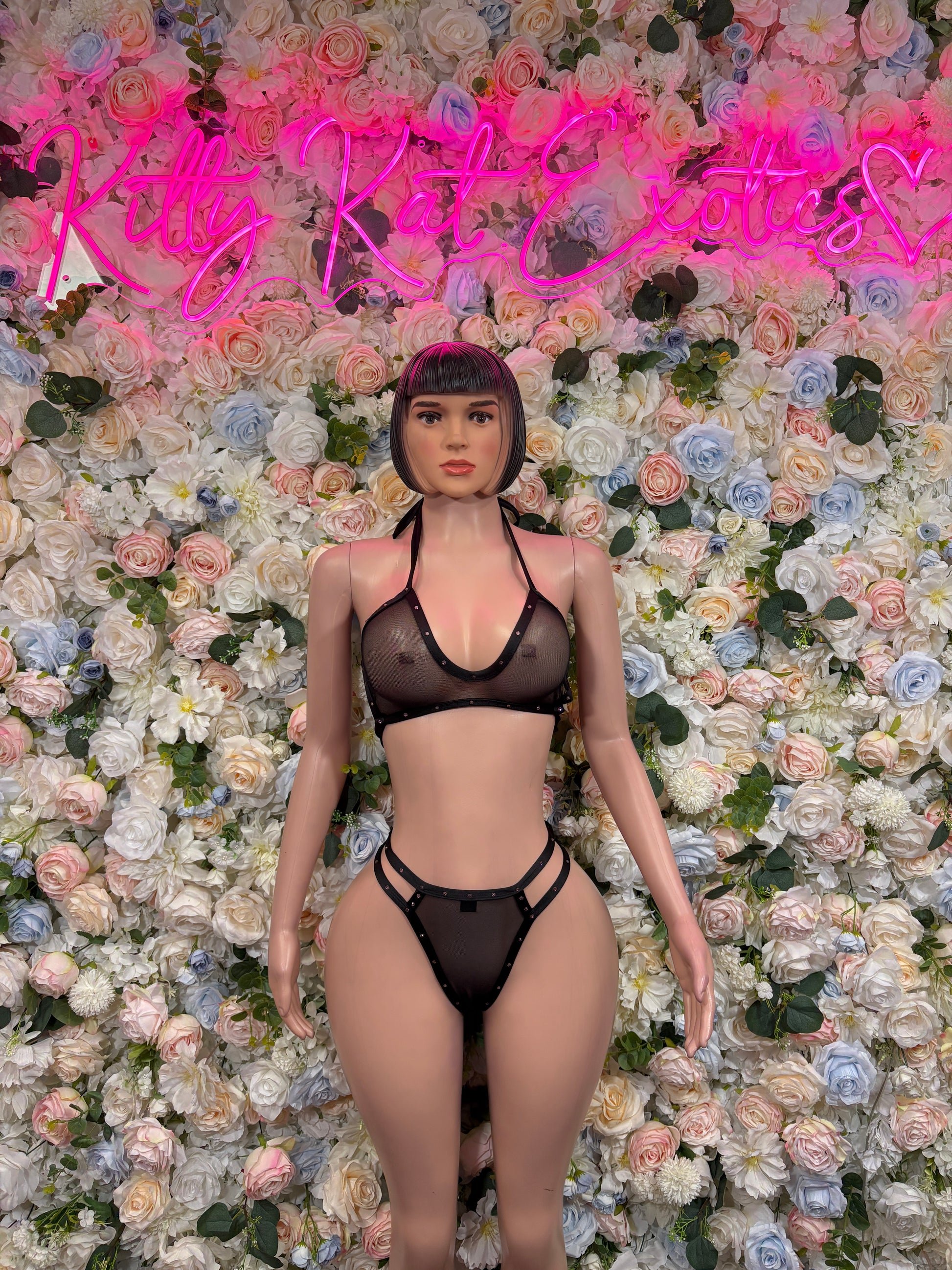 Black mesh bikini front view with triangle bra and high-cut strappy bottoms
