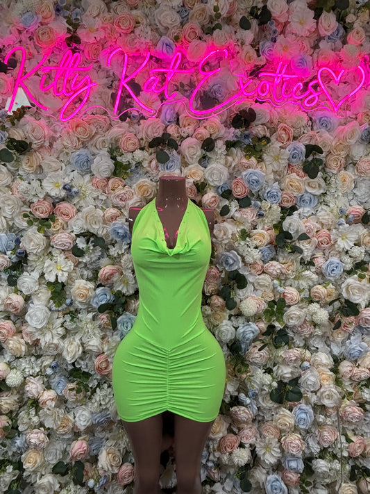 Neon green ruched mini dress with V-neck and fitted body