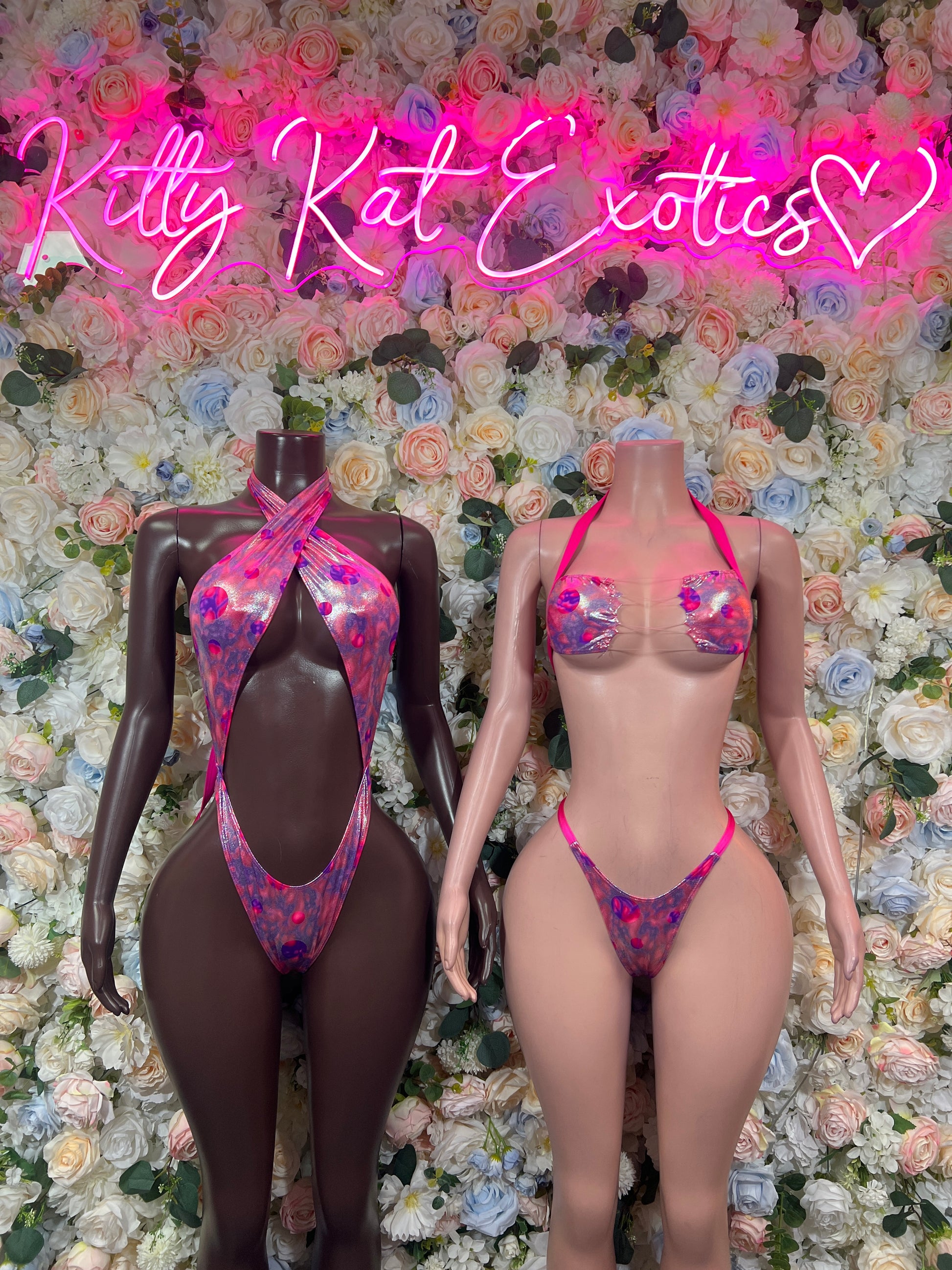 Metallic holographic halter bodysuit with high-cut thong back, pink-purple iridescent trim