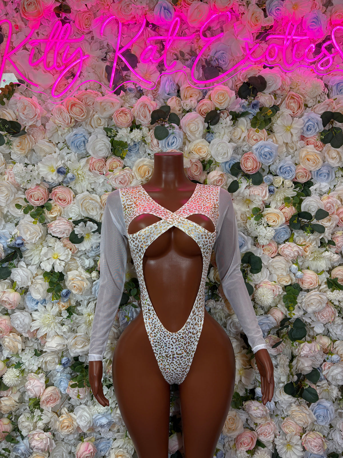 Bottlegirl White Gold Cheetah Bodysuit Exotic Dancewear, Rave & Festival Outfit