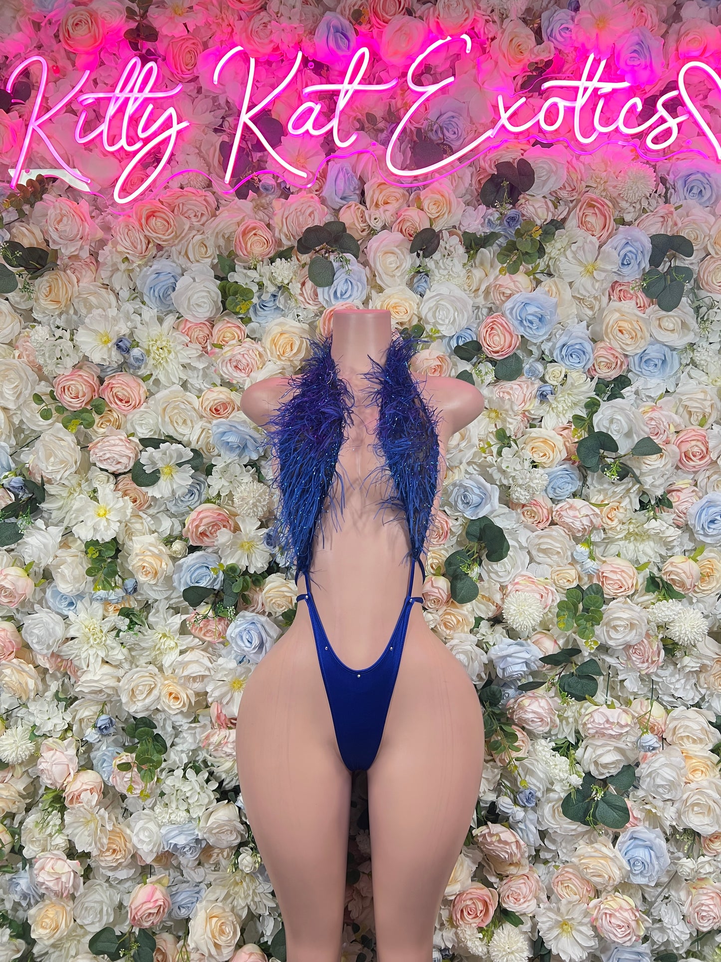 Blue Feather Fringe Bodysuit Rave Festival Exotic Dancewear Sparkly Glitter Boa Club Outfit