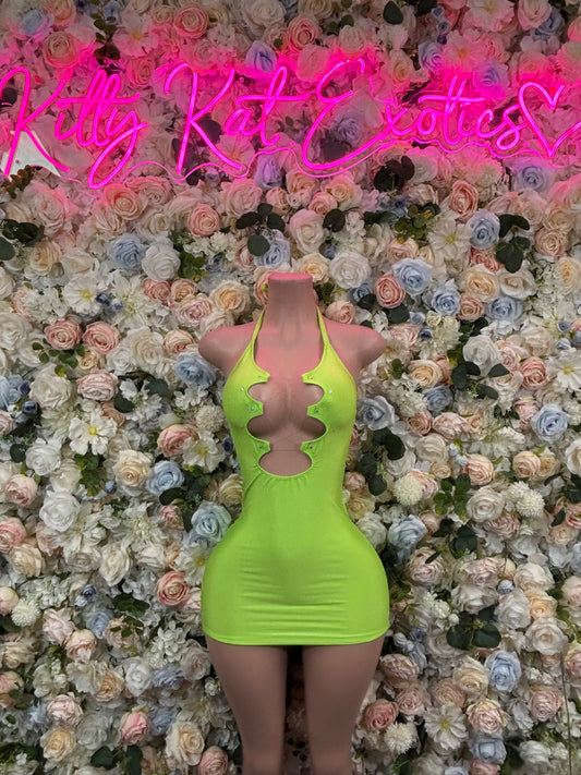 Neon green halter mini dress with center cutout detail and ruched bodycon fit