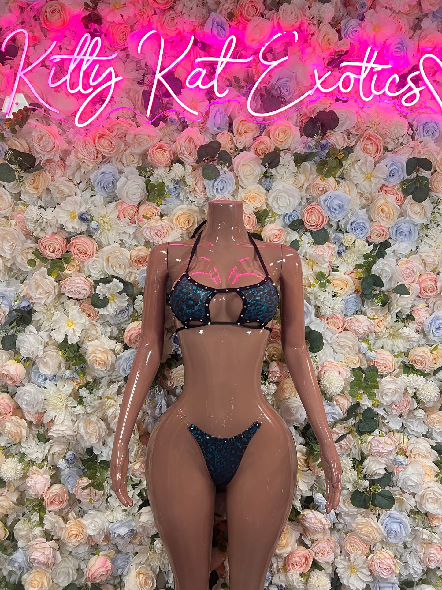 Blue Leopard Print Bikini Two Piece Set – Rhinestone Crop Top & Thong Exotic Dancewear, Rave Outfit