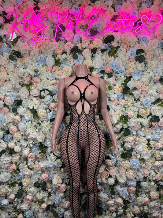 Black sheer fishnet bodysuit with crisscross back straps and long legs
