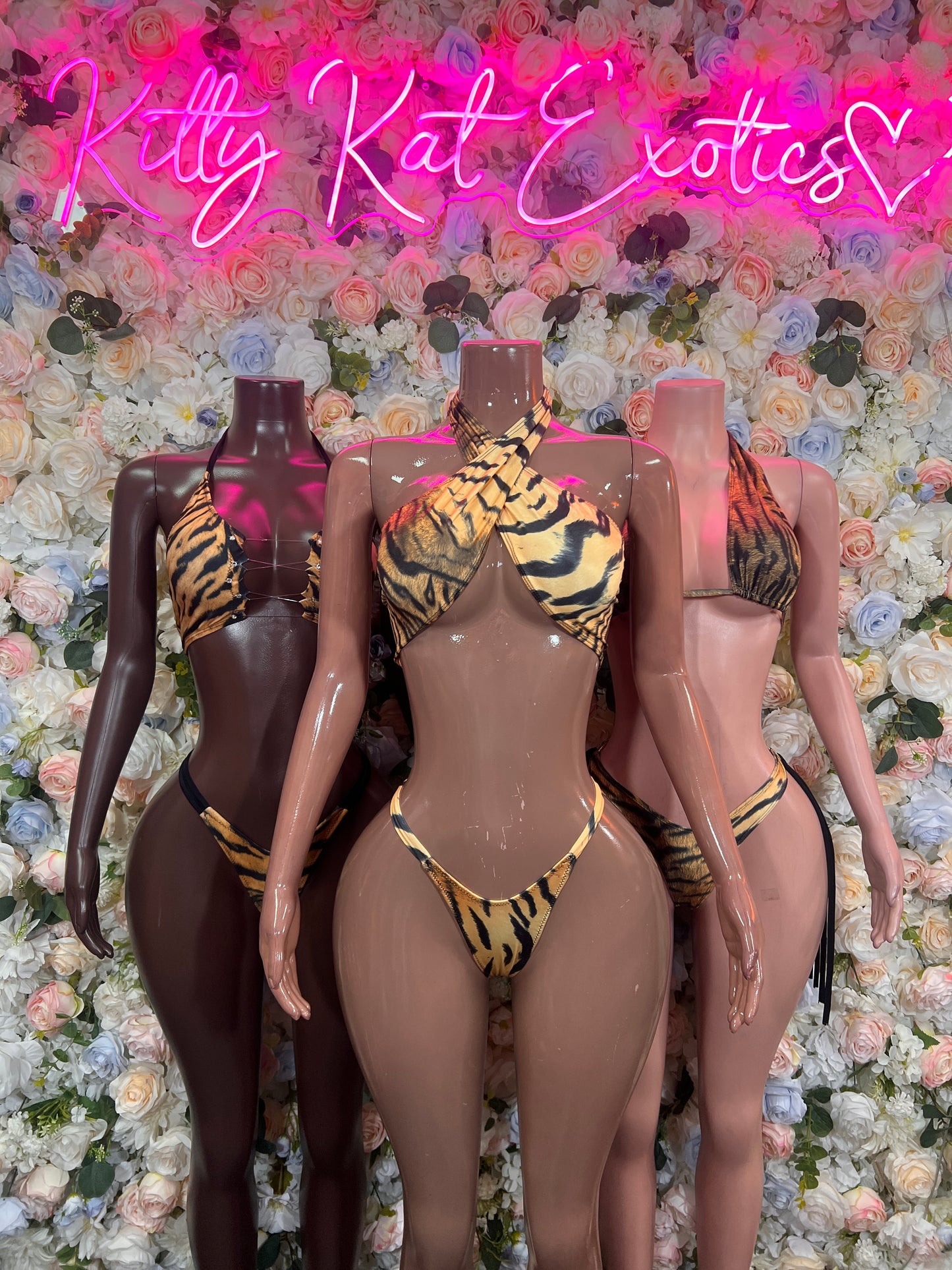 Tiger-print bikini thong set with triangle bra and high-cut string thong with gold trim