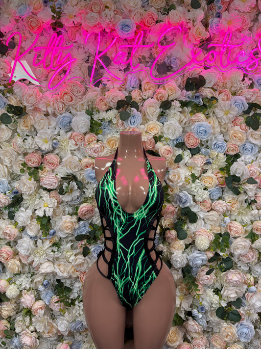 Green and black one-piece bodysuit with halter neck and crisscross trim