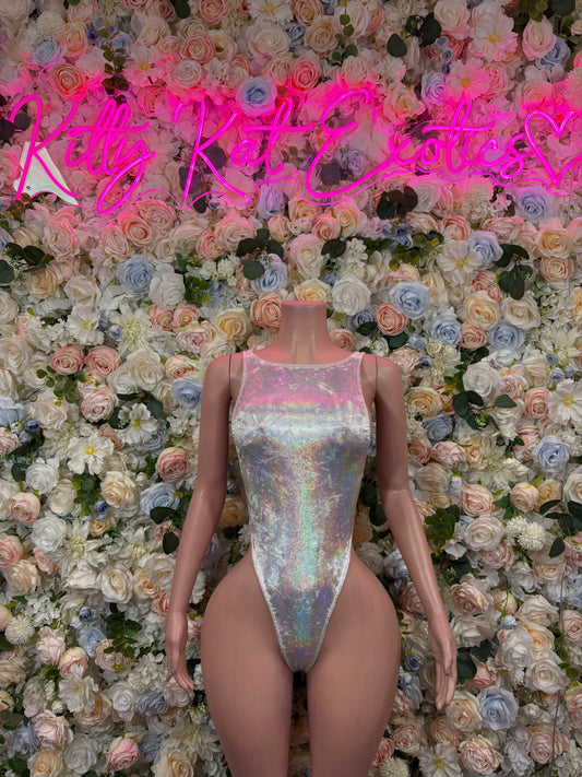 Iridescent silver metallic sleeveless bodysuit with scoop neckline and high-cut legs