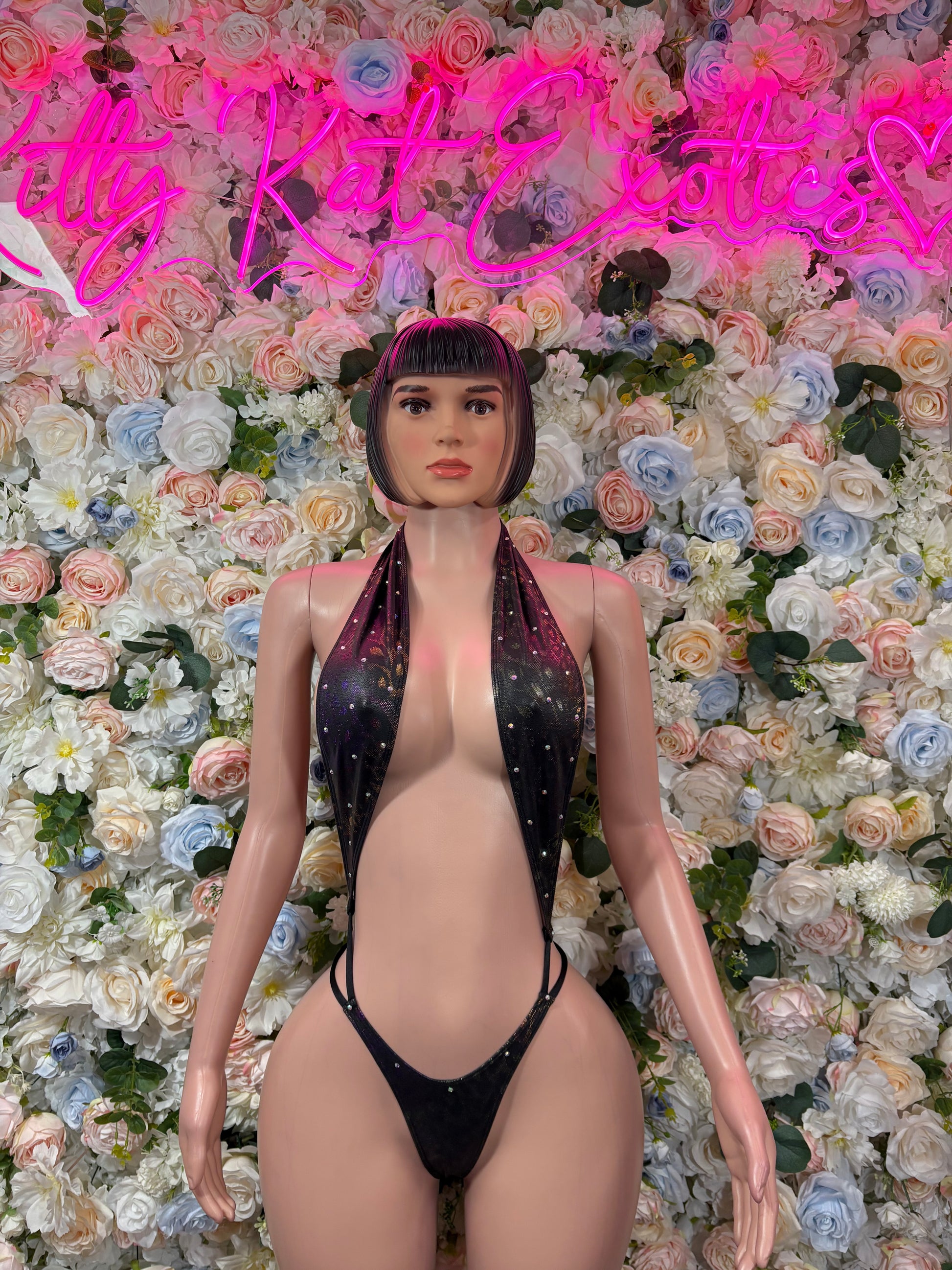 Black halter thong dance bodysuit with sparkly outer panels
