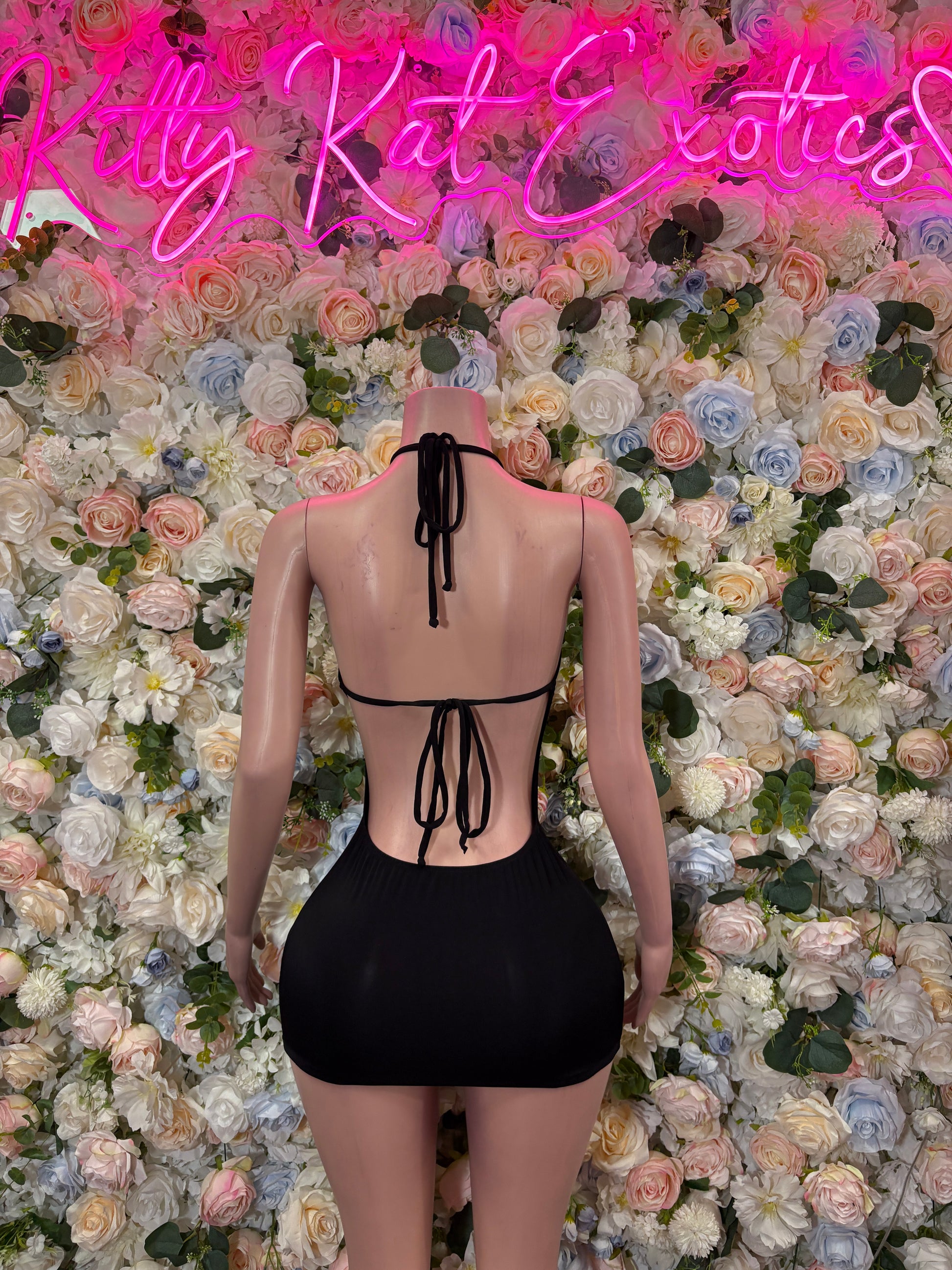 Black halter mini dress dancewear with open back and lace-up ties
