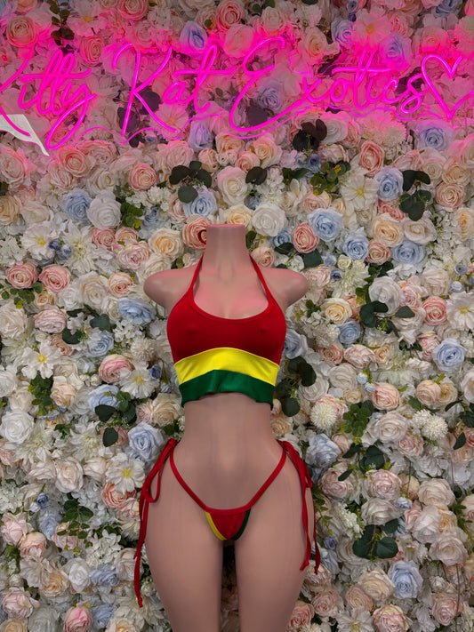 Ghana flag two-piece bikini bodysuit with red top, green-yellow band, tie sides