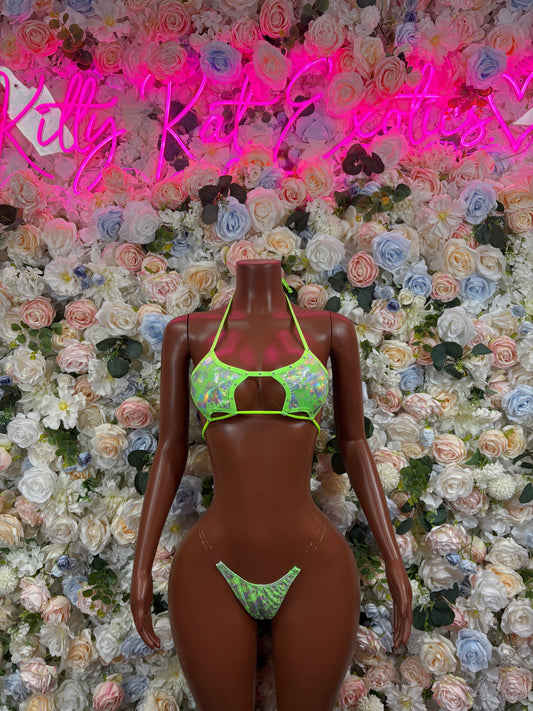 Neon lime hologram two-piece set with triangle bra and matching thong bottoms, front view