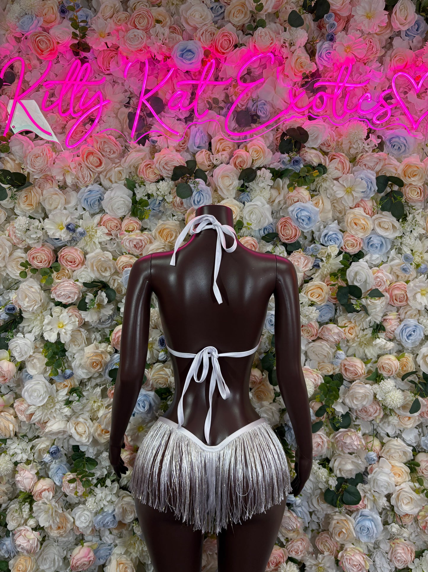 White fringe two-piece bikini set with back ties and tassel mini skirt bottom