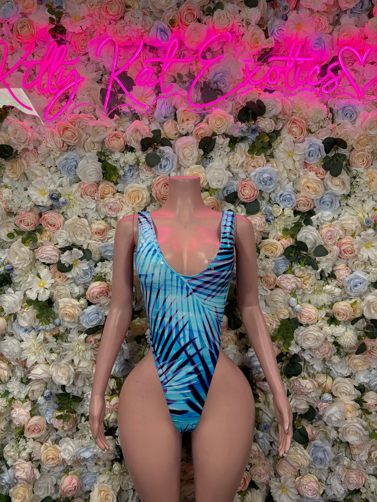 Blue Tropical Rave Bodysuit, Palm Print Festival One Piece, High Cut Dancewear, Clubwear, Performance Party Outfit