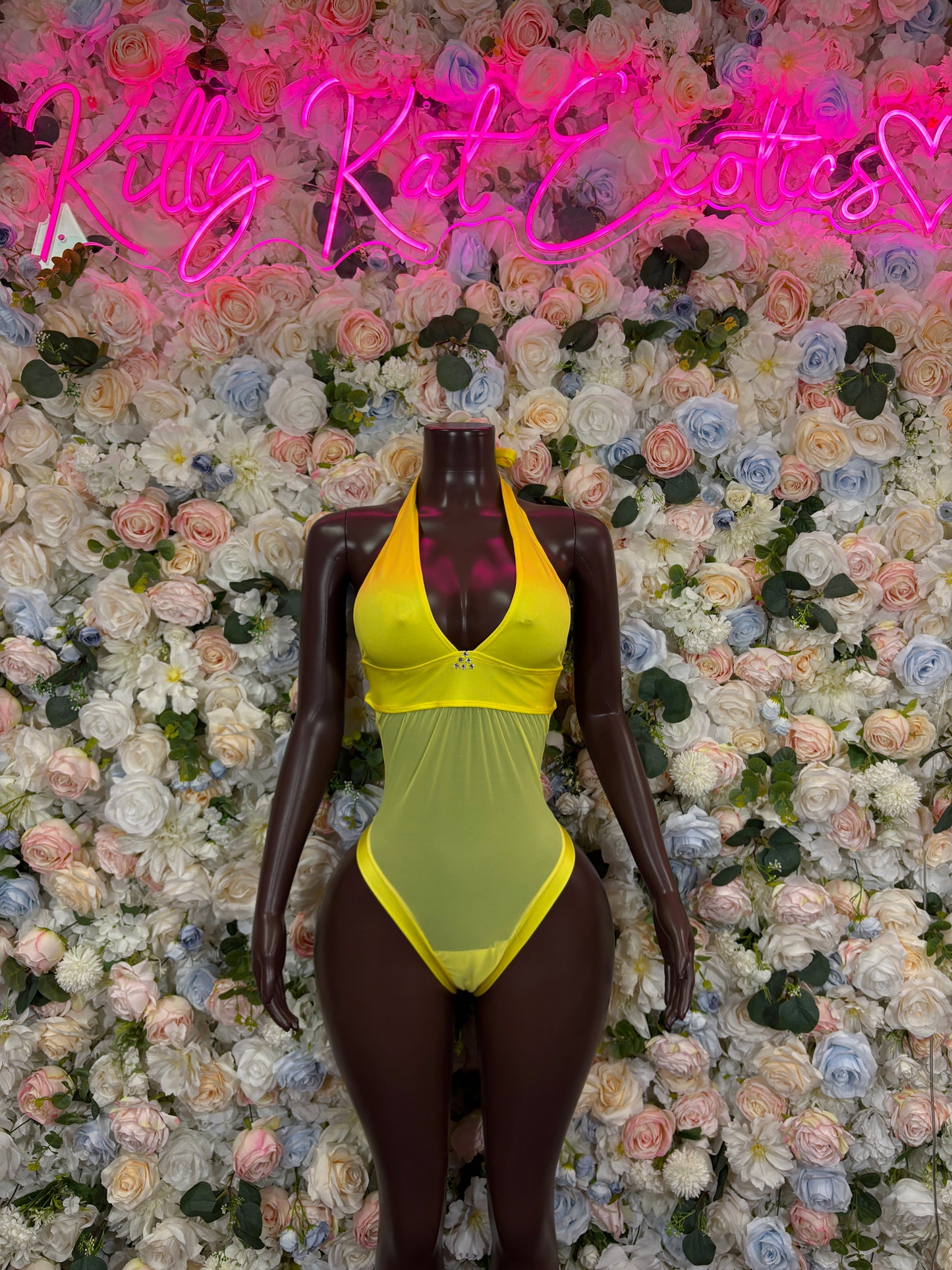 Neon Yellow Mesh Bottlegirl Bodysuit – Sheer Halter One Piece Rave Dancewear Club Outfit