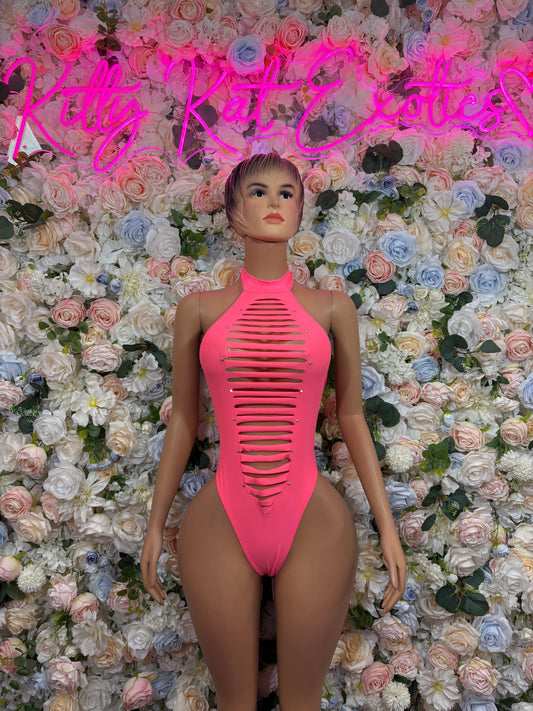 Coral halter bodysuit with ribbed cutout front