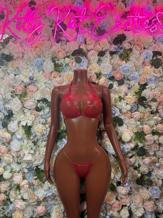 Red strappy triangle bikini with underwire-like cups and small matching bottom