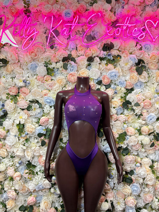 Purple one-piece bodysuit with high-cut legs and oval front cutout