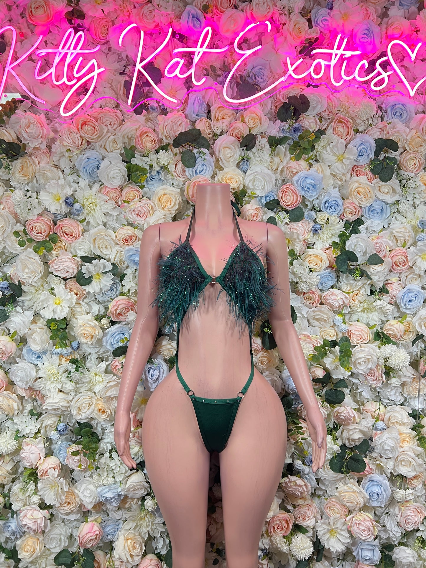 Emerald Green Feather Fringe Bodysuit Rave Festival Exotic Dancewear Sparkly Glitter Boa Club Outfit