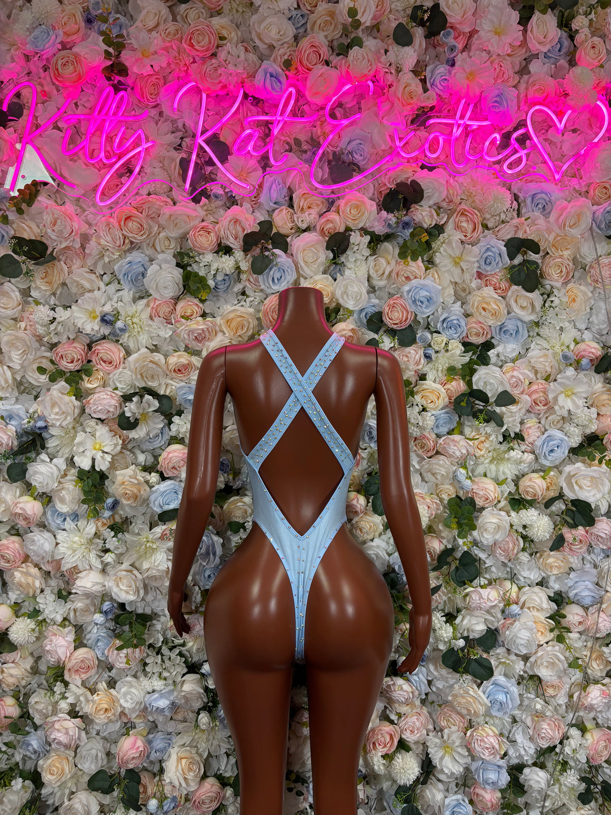 Baby Blue Rhinestone One piece Festival Clothing Exotic Dancewear Bartender Outfit