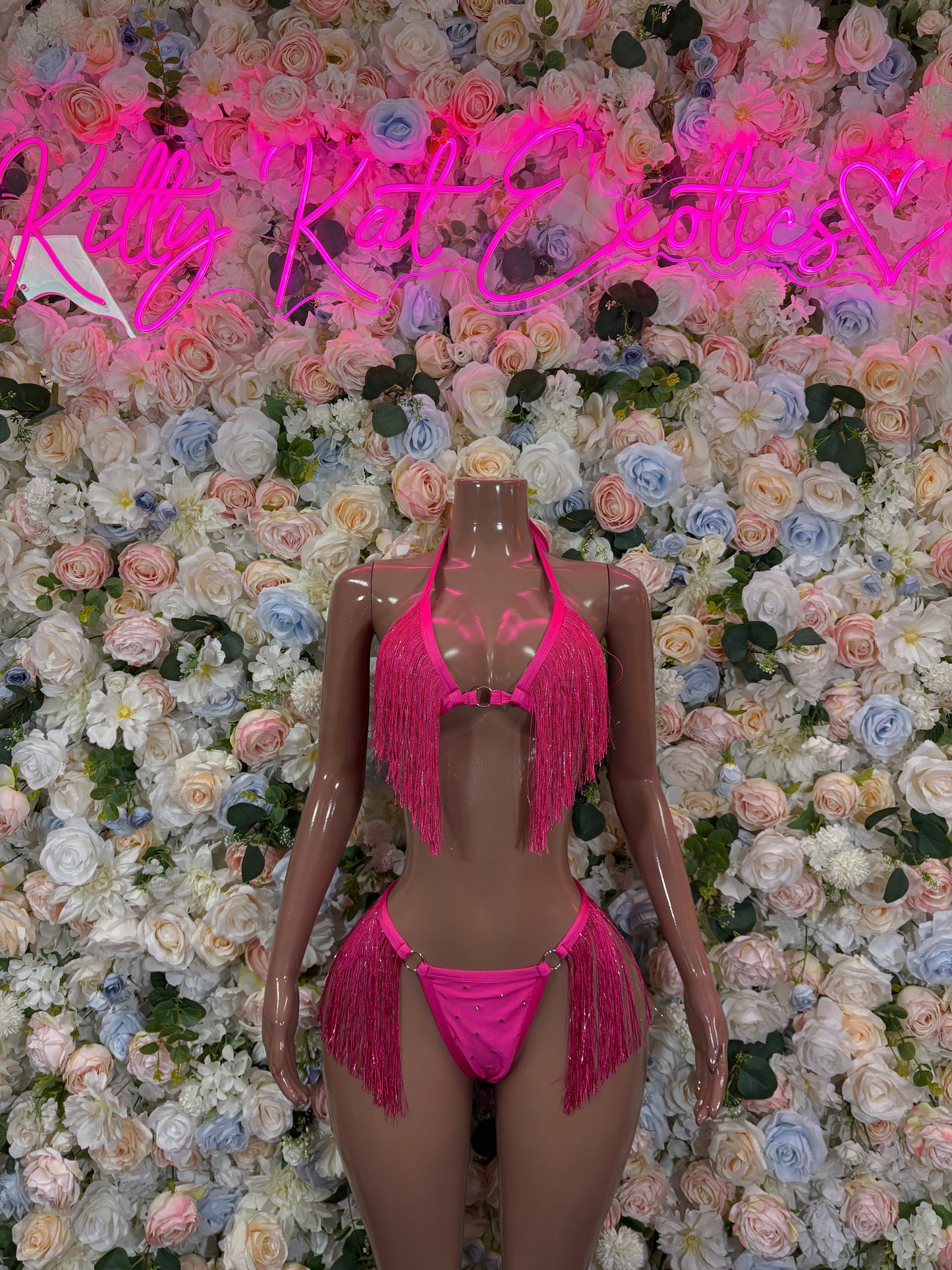 Pink fringe bikini two-piece set with triangle top and side-tie bottoms