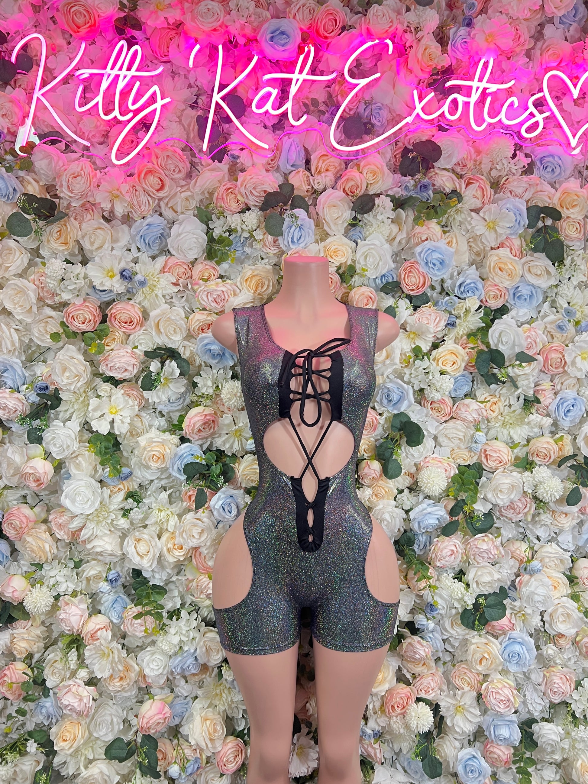 Chrome metallic bodysuit with crisscross lace-up back and central cutout