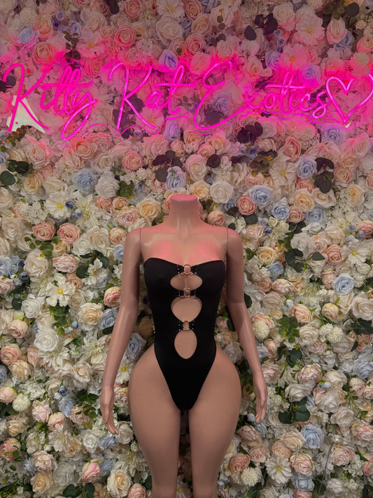 Black bodysuit one-piece with halter straps and front keyhole cutouts