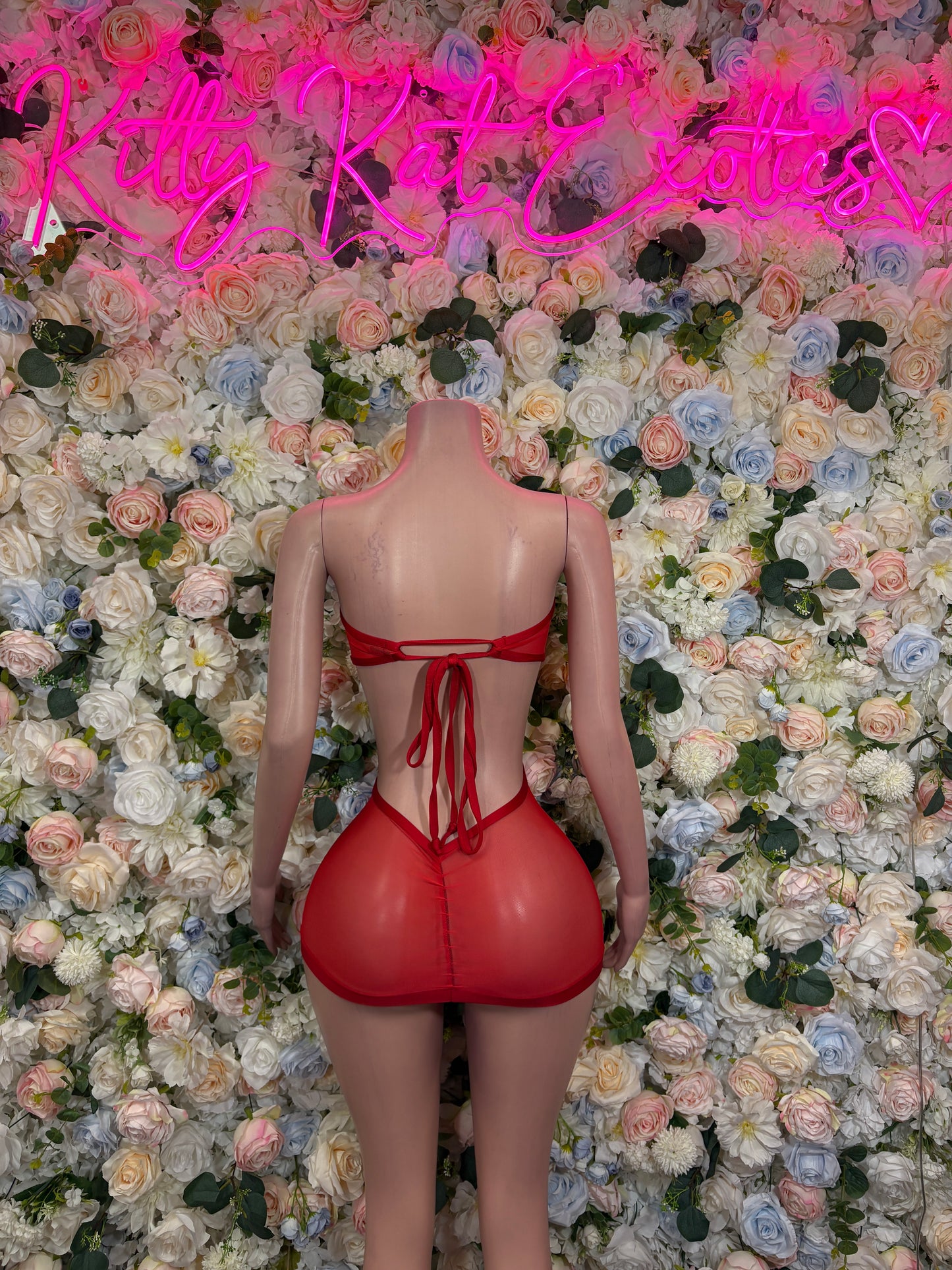 Red mini bodycon club dress, open back with center cutout and tie strings