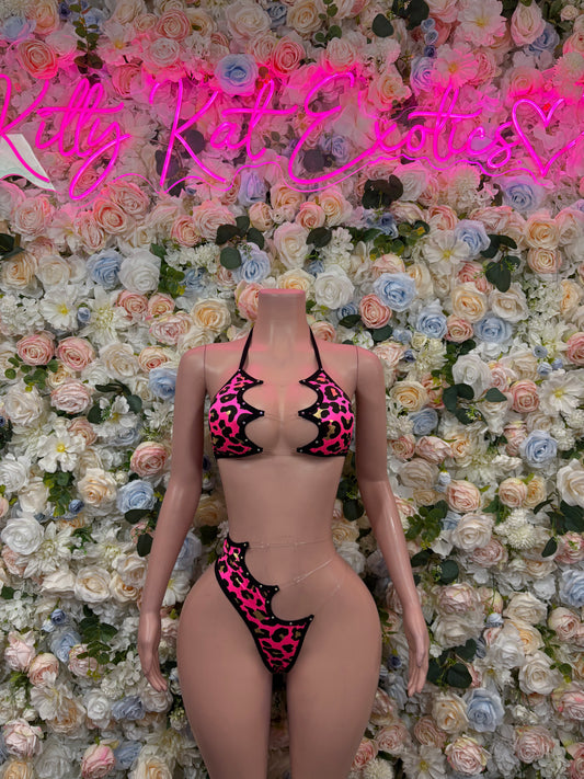 Hot pink cheetah-print bikini set with black trim, front view