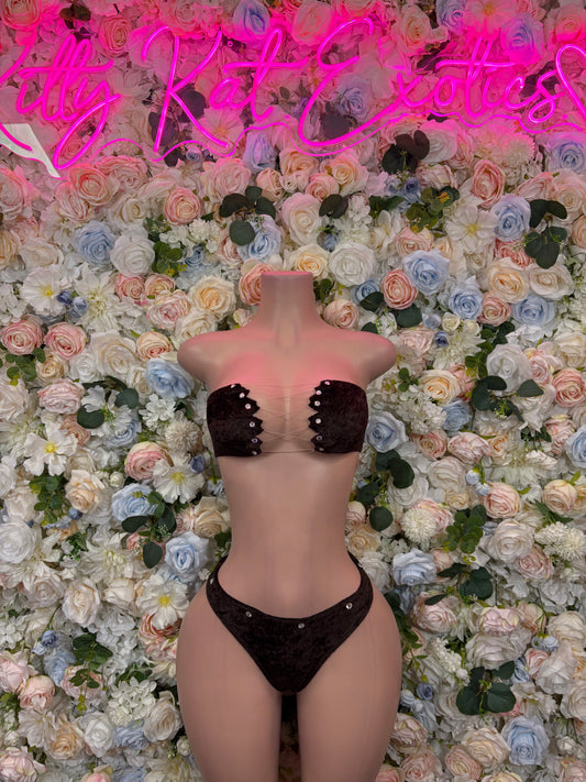 Black velvet rhinestone two-piece dancewear set, strapless sweetheart bra and thong bottom
