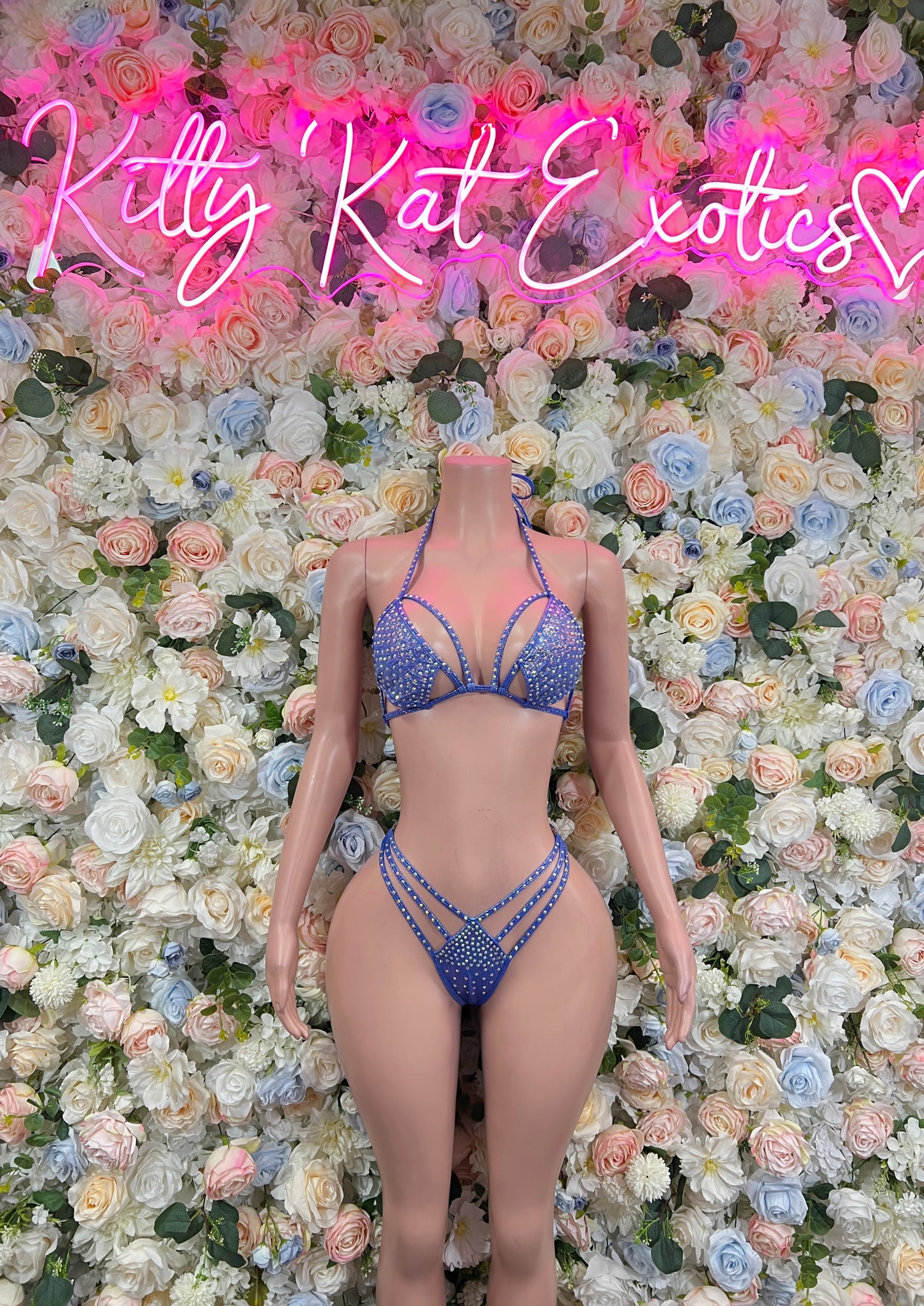 Blue rhinestone bikini set: triangle bra with tie straps and matching thong bottoms