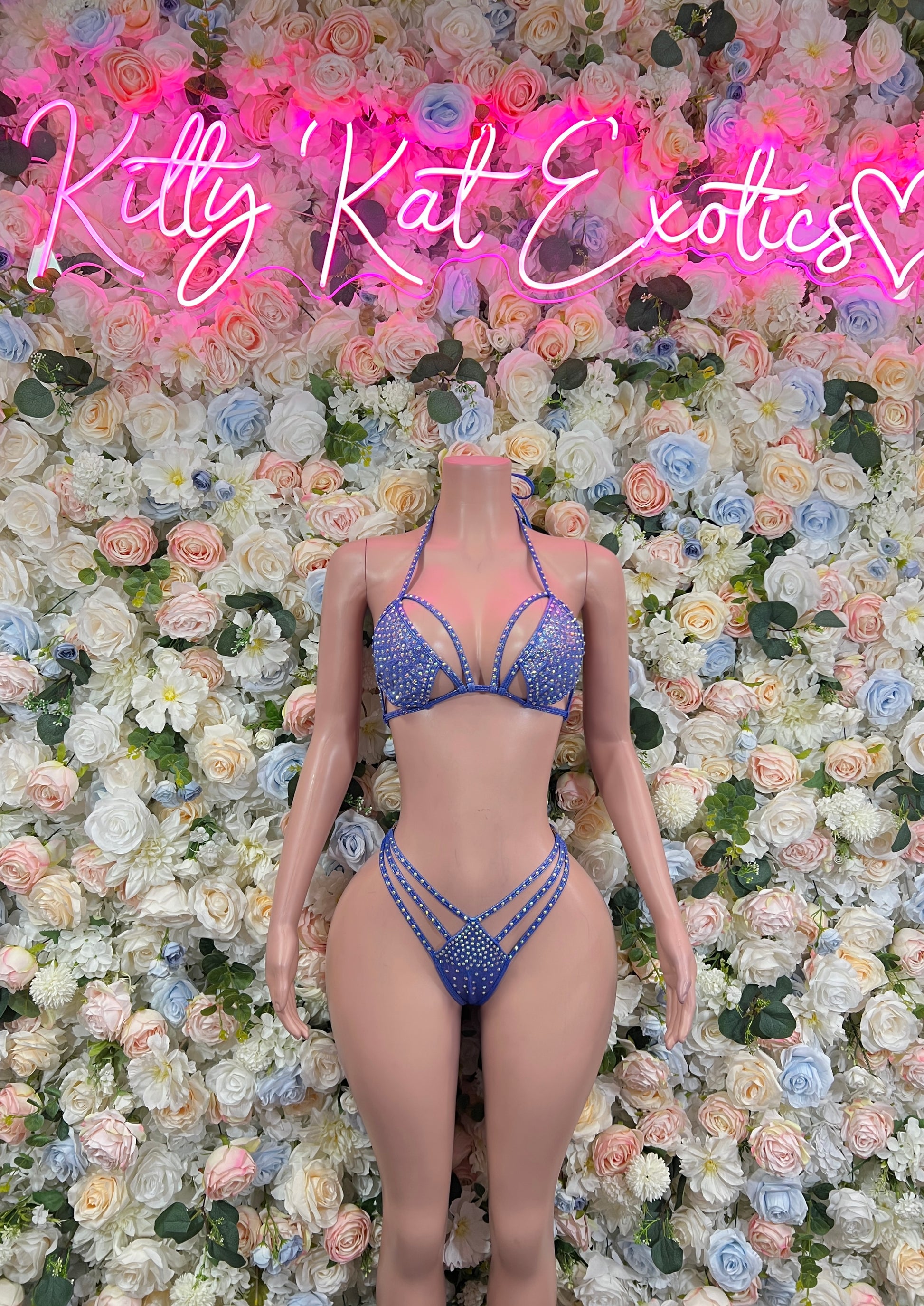 Blue rhinestone bikini set: triangle bra with tie straps and matching thong bottoms