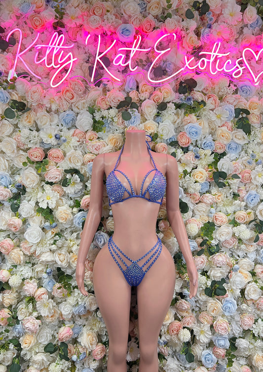 Exotic Dancewear Blue Rhinestone Bikini Set Festival Costume Ravewear