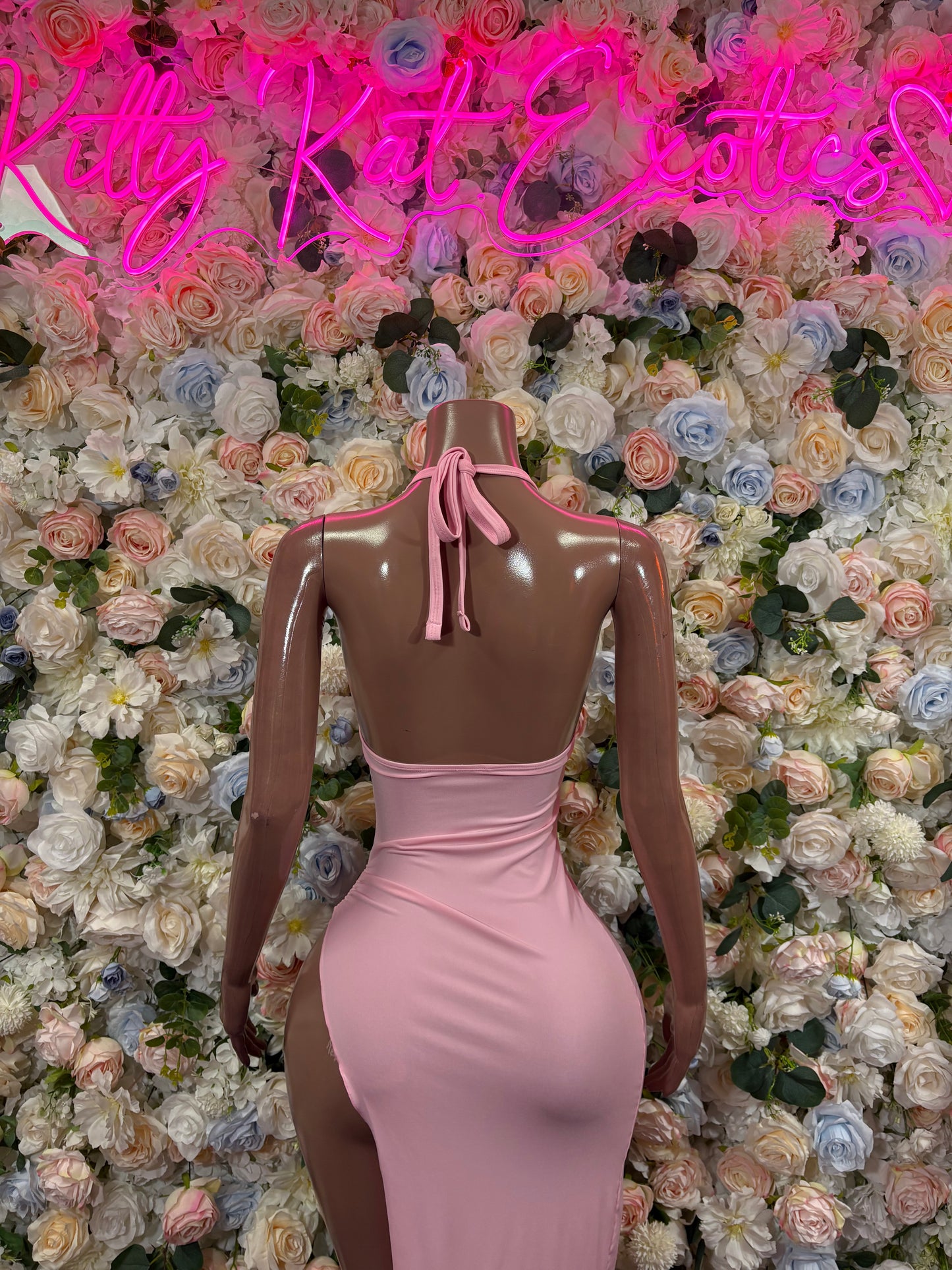Baby pink backless maxi gown with lace V-neck and open-back tie