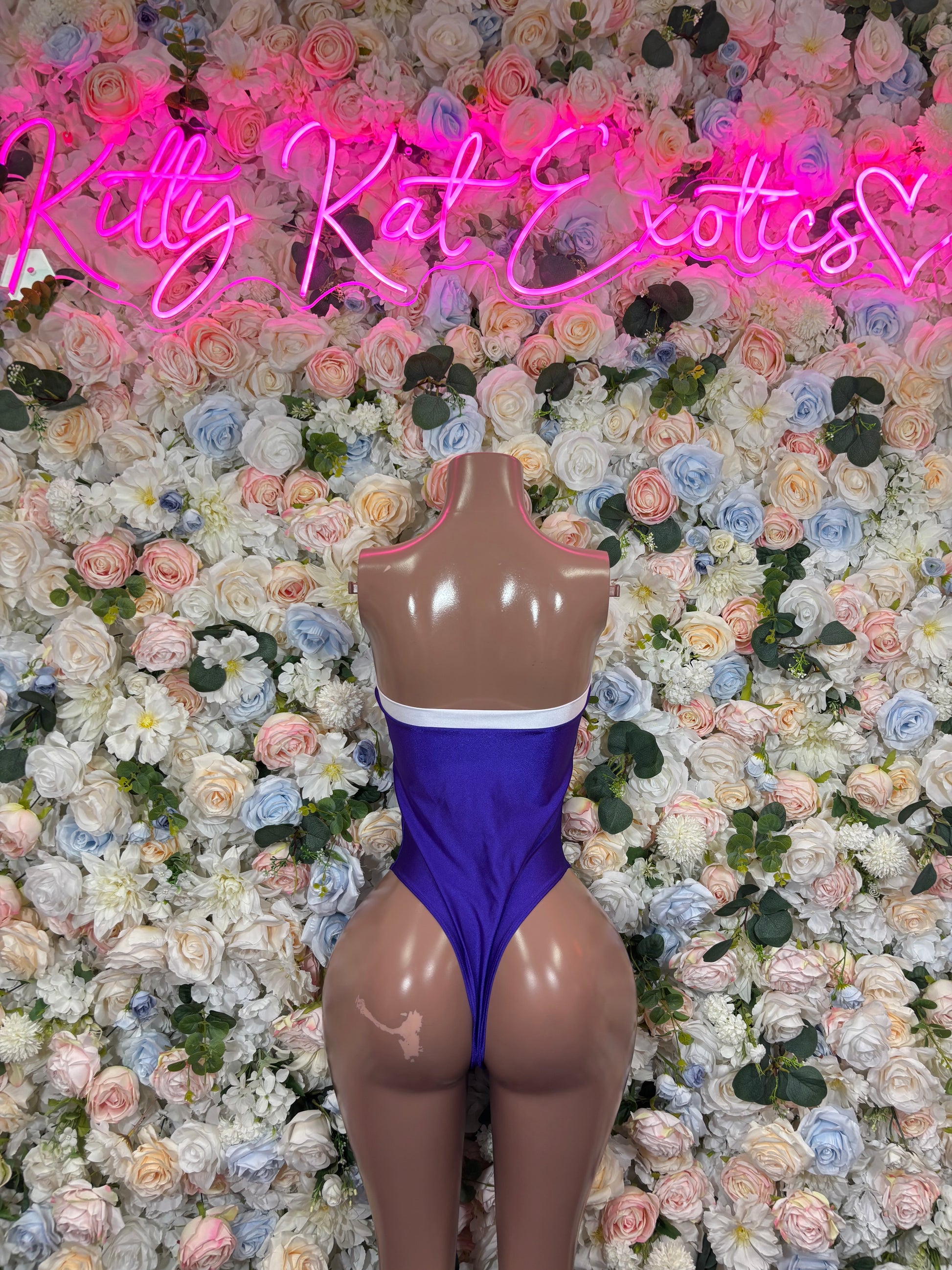 Blue and white one-piece bodysuit with high-cut legs and wide white trim