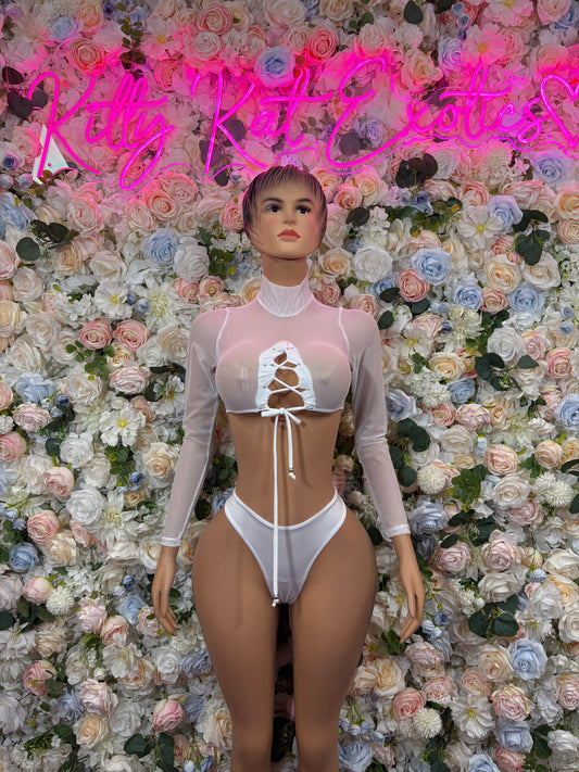 White two-piece ravewear set with long sleeves, high-cut bottoms, tie-front bodysuit