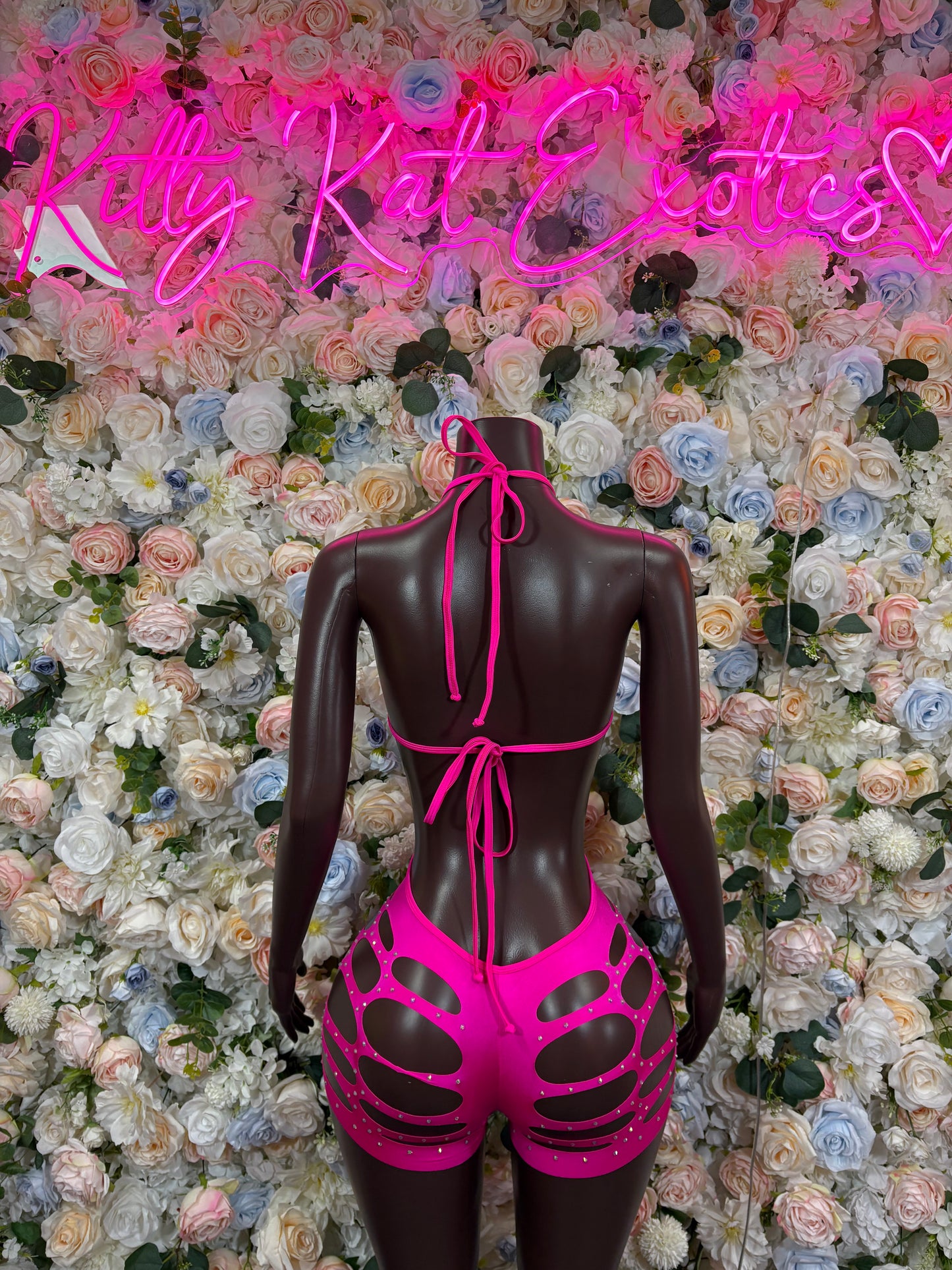 Pink rhinestone bodysuit, open back with tie straps and cutout front hip panels